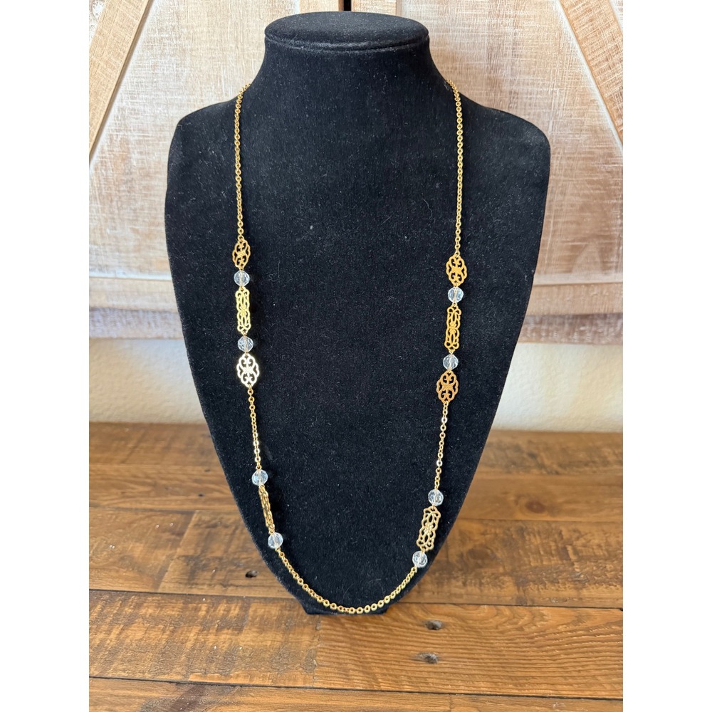 Gold Tone Filigree Floral Station Necklace Clear Crystal Bead Long Opera Chain